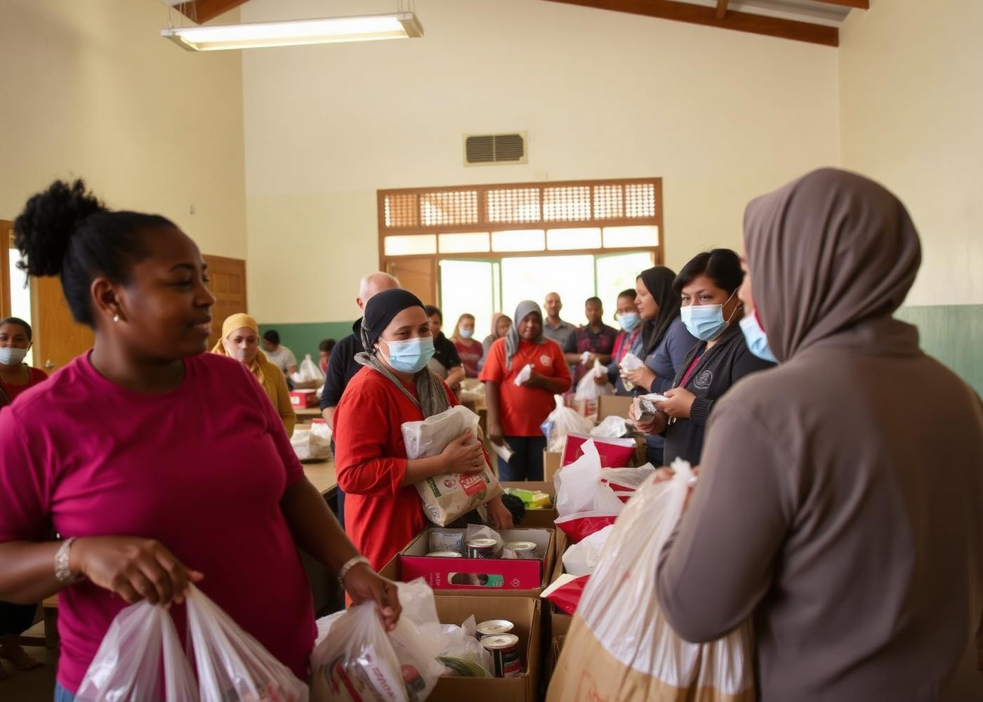 Volunteers distributing supplies at a community centre